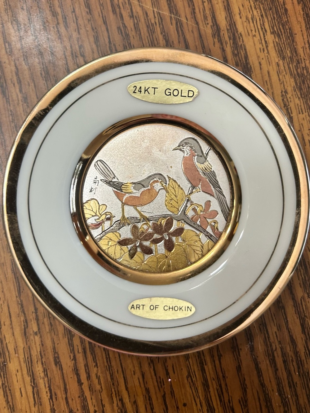 Art of Chokin Birds Feeding Among the Branches Trimmed in 24KT Gold 4” Vintage